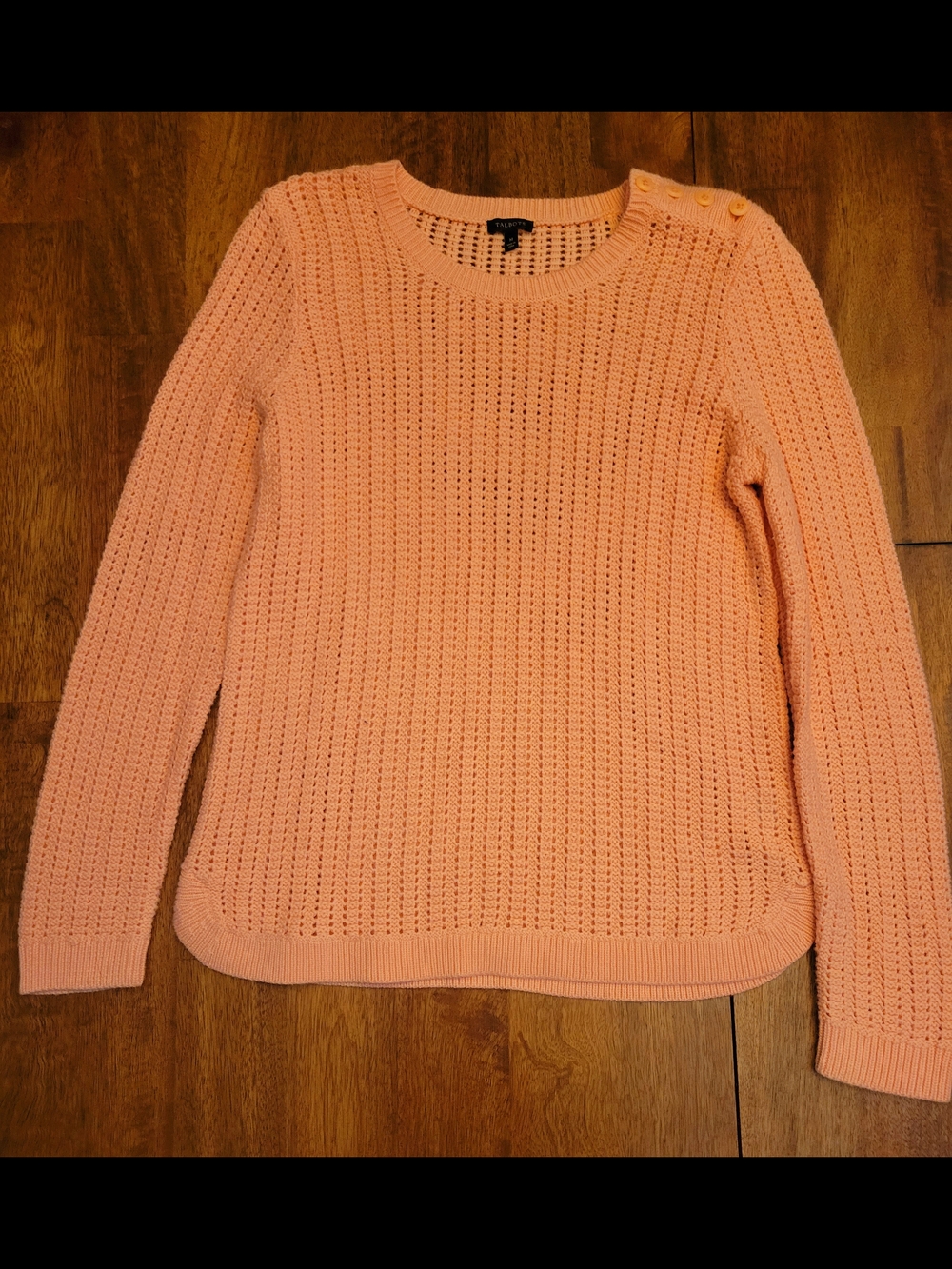 Talbots Peach Open-Knit Crewneck Sweater with Shoulder Buttons